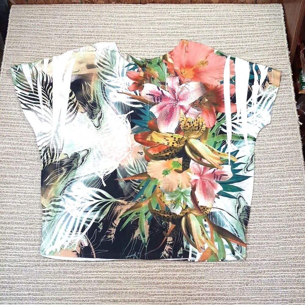 J Mode sz L LUPIN FLOWER PRINT Womens SHORT SLEEVE POLYESTER T SHIRT BLOU